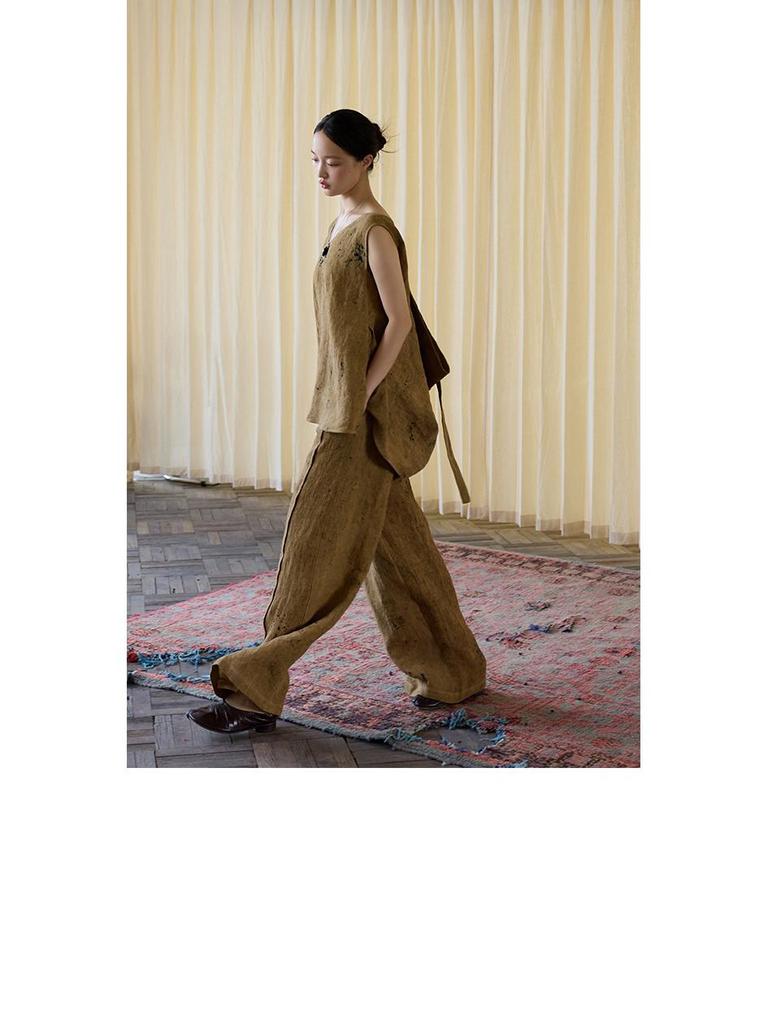 Осенний безрукавный топ из льна с пятнистой текстурой, вдохновленный оригами