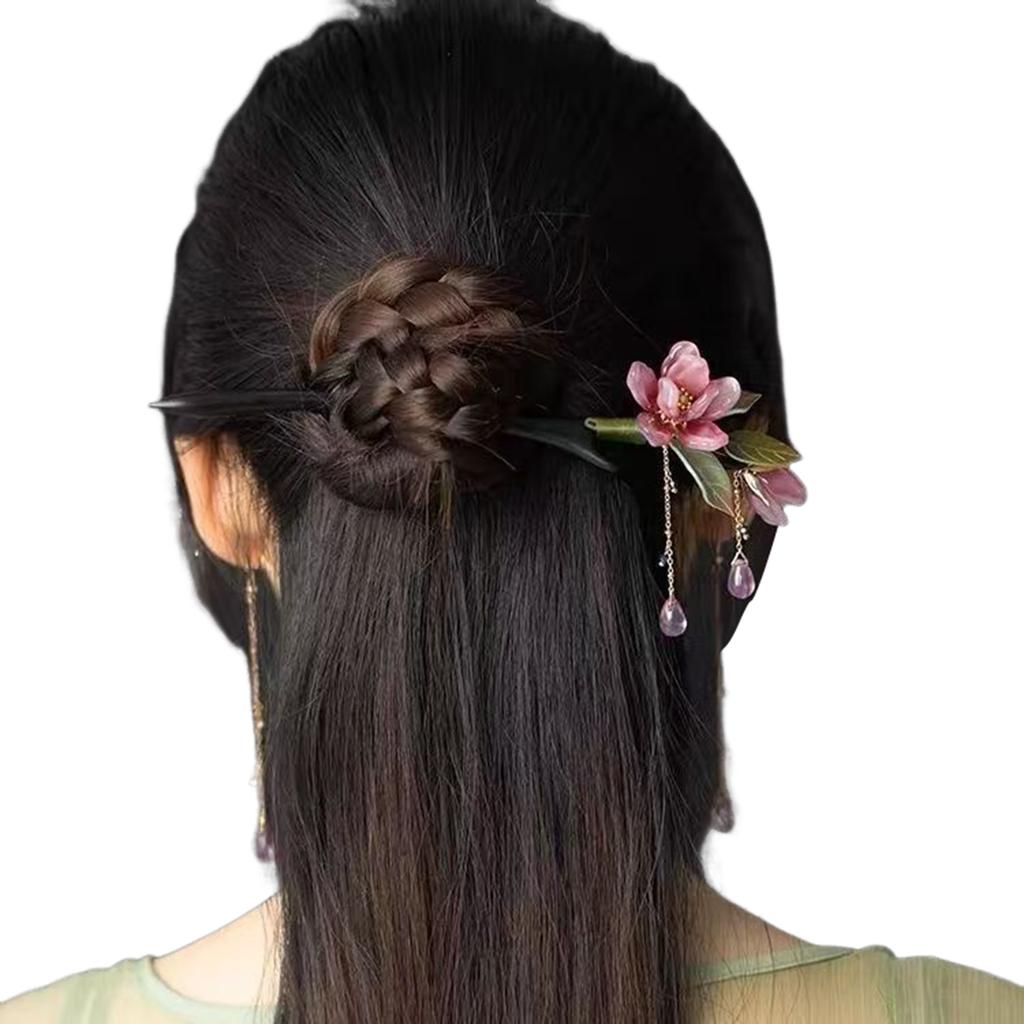 Floral Hair Stick Chinese Style Hairpin Pink Flower Tassel Retro Traditional Hanfu Elegant Hair Accessory For Women Daily Party