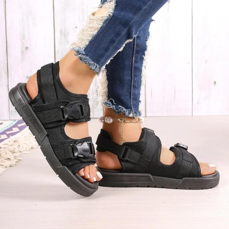 Летняя Высококачественная Женская Обувь Горячая Распродажа Большой Размер Модные Босоножки с Открытым Носком Однотонные на Среднем Каблуке с Пряжкой Римские Женские Сандалии