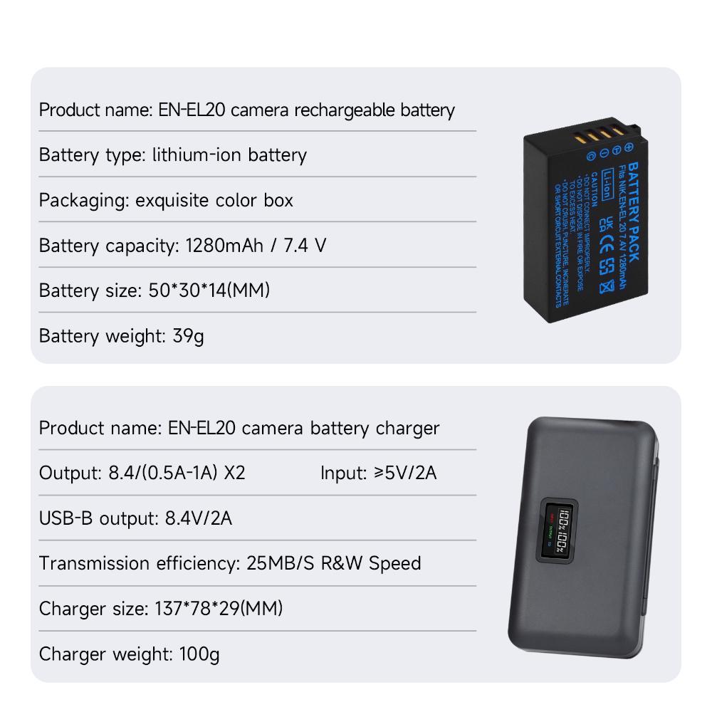 1280 мАч EN-EL20 EN-EL20a Аккумулятор + Многофункциональное зарядное устройство Коробка для хранения аккумуляторов для Nikon Coolpix P1000, 1 j1, 1 J2, 1 J3, 1 S1, 1 V3, Coolpix A