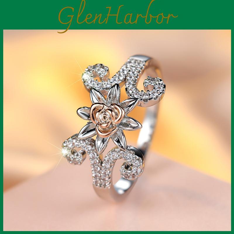 Flower For Shiny Rings Finger Women Girls Romantic Rose Gold Color Rose Leaf Zircon Ring Fashion Jewelry