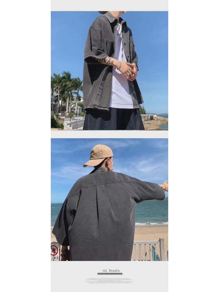 Мужская летняя рабочая джинсовая рубашка с коротким рукавом - модный японский гонконгский стиль