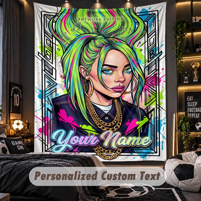 Personalized Wall Tapestry,Billie Eilish Custom Printed Name, Fabric Wall Art For Indoor Room Backdrop