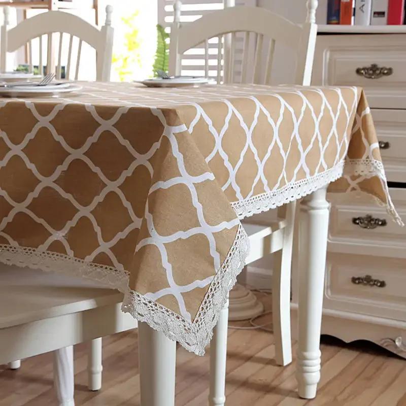 Nordic Style Christmas Plaid Tablecloth Soft Cotton Linen Map with Lace Hem Modern Rectangular and Round Cover for Dining Table