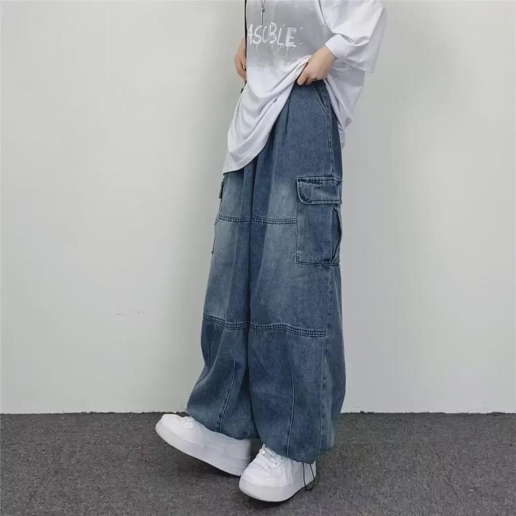 2025 Japanese Retro Loose Wide-Leg Workwear Jeans with Large Pockets
