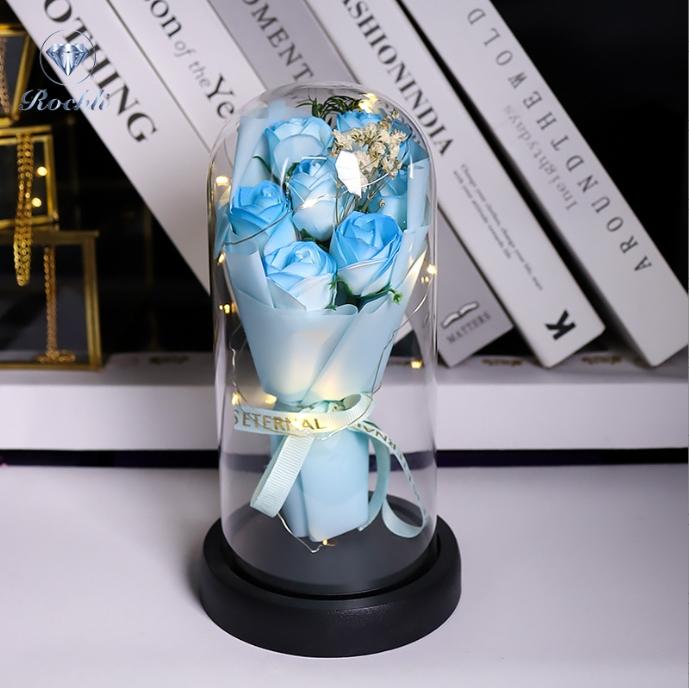 Factory Ins Artificial LED Decorative Flowers Birthday Glass Dome Rose Bouquet Valentine's Day Quality Soap Roses