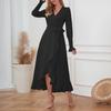 Women's Long Sleeved Solid Color High Round Large Swing Dress Slim Fit Long Dress