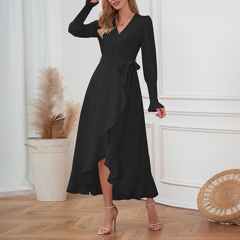 Women's Long Sleeved Solid Color High Round Large Swing Dress Slim Fit Long Dress