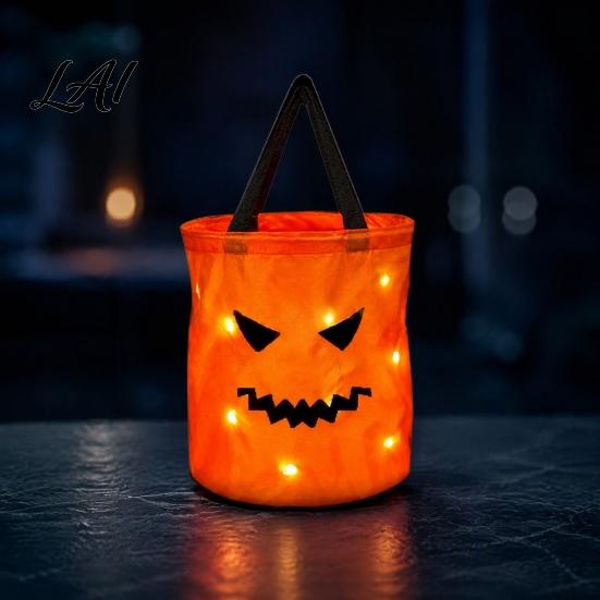 Glowing LED Trick or Treat Pail Pumpkin Candy Bag with Lights Reusable Halloween Costume Prop for Kids Tote Kids Handbag Party Favors Container