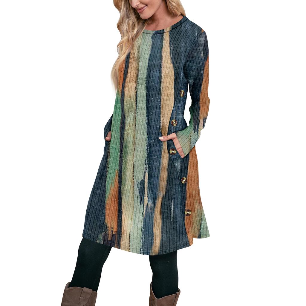 Женское модное повседневное платье-туника с длинным рукавом и карманами, платье с боковыми пуговицами