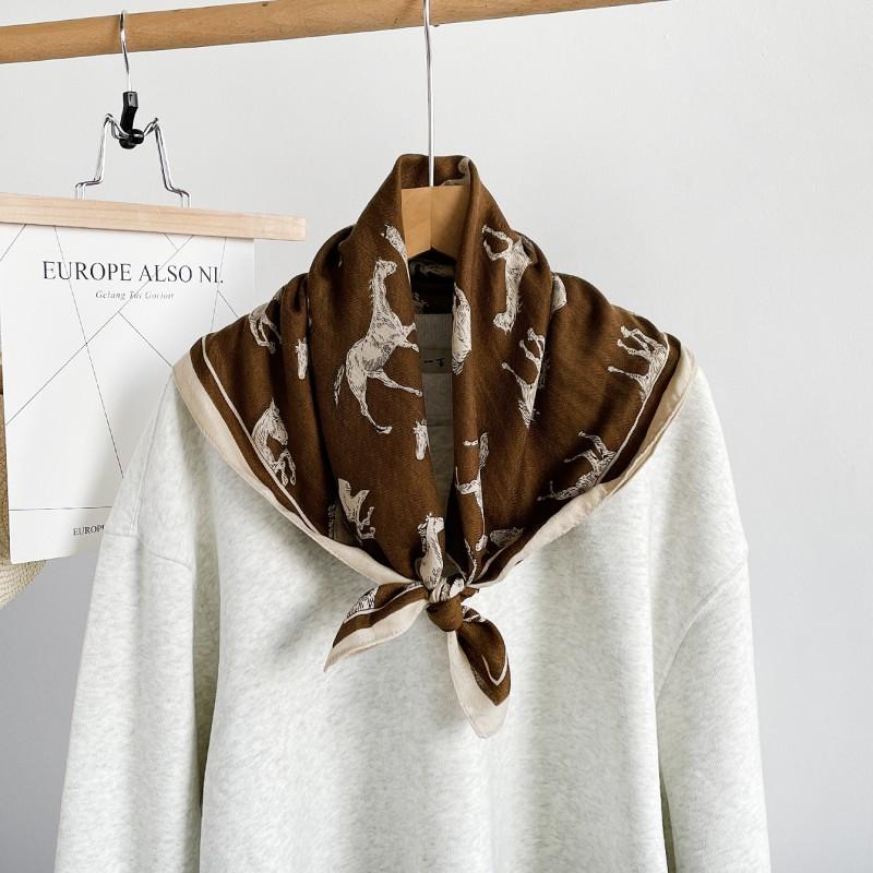 Herringbone Cashmere Blend Square Scarf Women Lightweight Vintage Print Neck Wrap 65x65cm Elegant Accessory