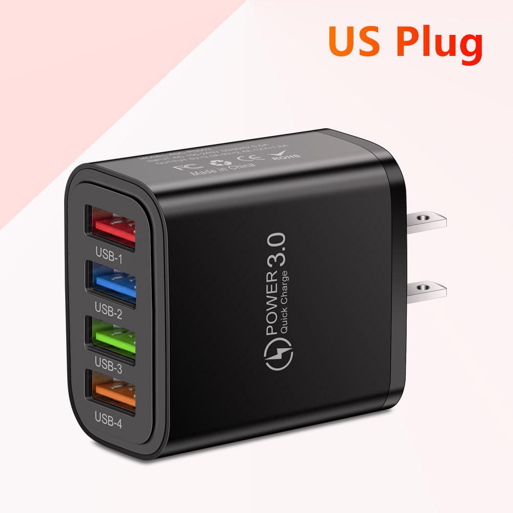 4-портовое USB-зарядное устройство для мобильных телефонов и планшетов 3А - Стандарты США/ЕС, Разноцветное