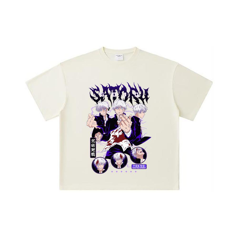 260 GSM Double Yarn 32 Count 100% Cotton Jujutsu Kaisen V6 Gojo Print Unisex Heavy Cotton T Shirt