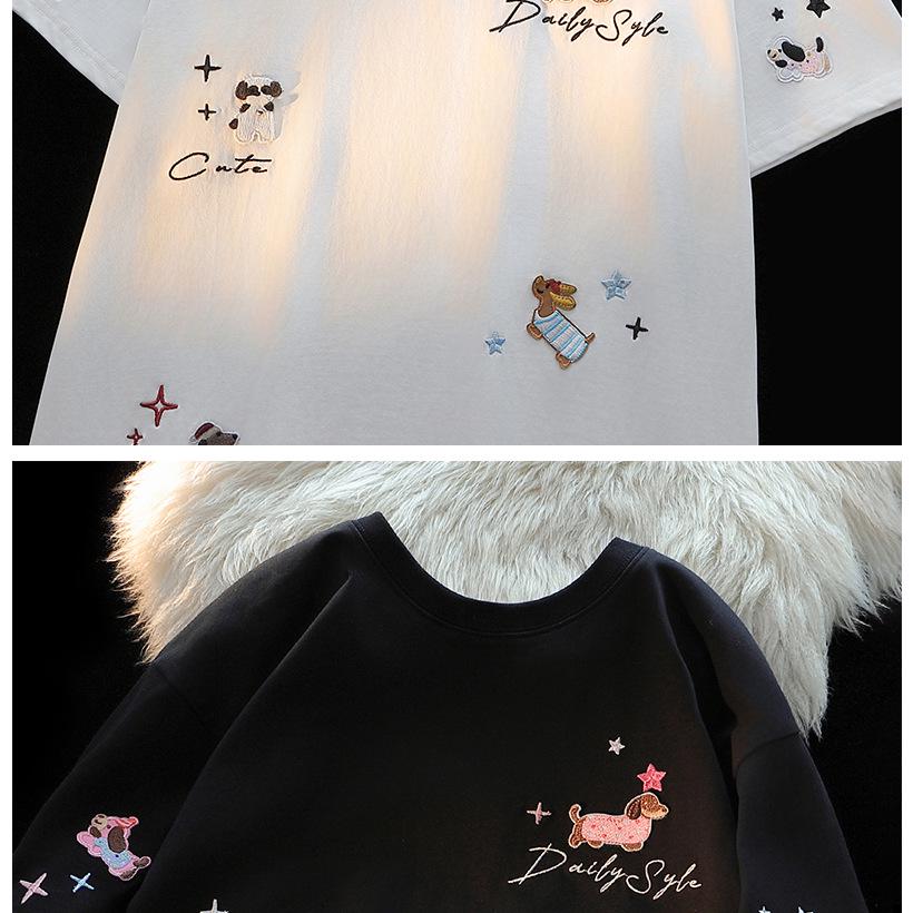 Американский шик Вышитая футболка из хлопка с коротким рукавом и щенком для женщин – Летний свободный крой Милый топ