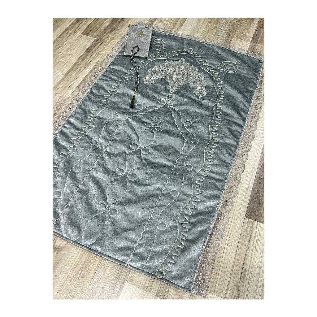 French Laced 3 Piece Embroidered Velvet Dowry Bridal Set Prayer Rug