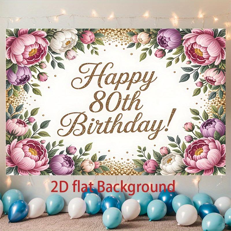 1pc Birthday 80th Floral Elegant Hanging Banner Golden Polyester
