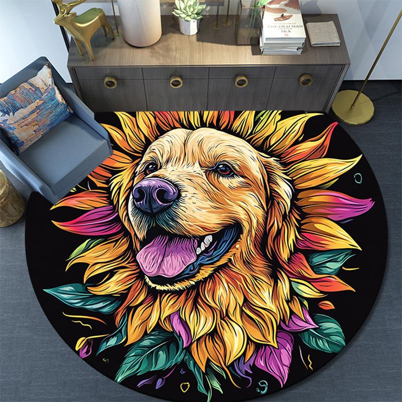 Golden Retriever Sunflower Round Area Rug,Carpet Rug for Living Room Bedroom Sofa Playroom Decor,Non-slip Floor Mat