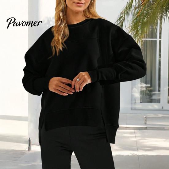 Side Slit Pullovers Women Crew Neck Sweatshirt, Drop Shoulder Long Sleeve Pullover, Loose Machine Washable Shirts Fit Casual Fall Winter Top with
