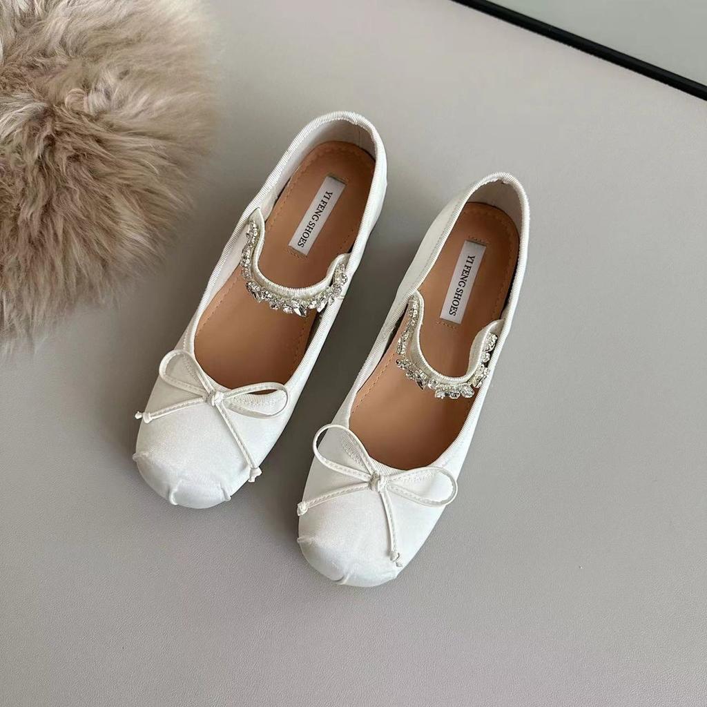 Sheepskin Version~ Small Inner Height Increase French Rhinestone Ballet Shoes Women's Shallow Mouth Single Shoes Bow Mary Jane Shoes