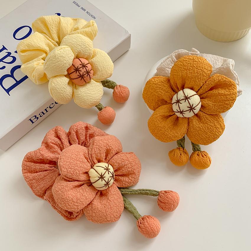 Handmade Flower Kids Hair Scrunchies Satin Elastic Hair Ties Accessories Floral Cute Linen Scrunchy Hair Band for Girls