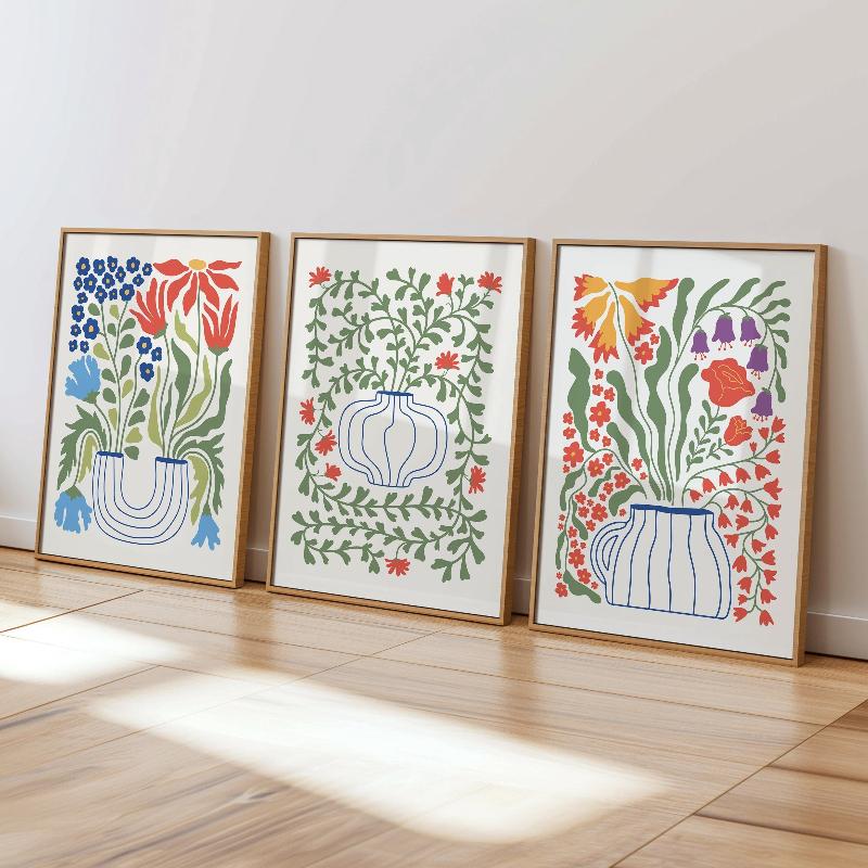 3pcs Bohemian Floral Vase Canvas Wall Art–Vibrant Folk Style Flower Printing for Bright Home Decor, Ideal Housewarming Gifts