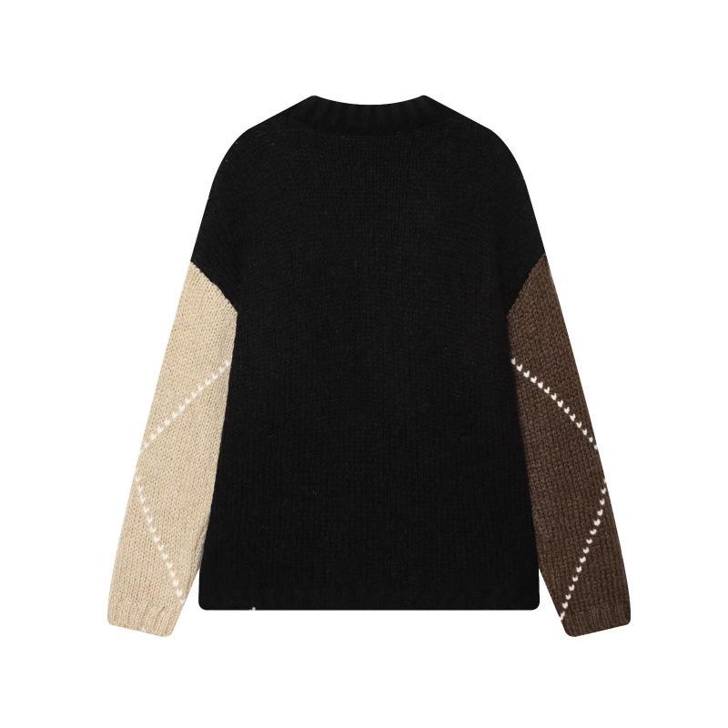 European Plaid Color Block Round Neck Sweater - Lazy Style