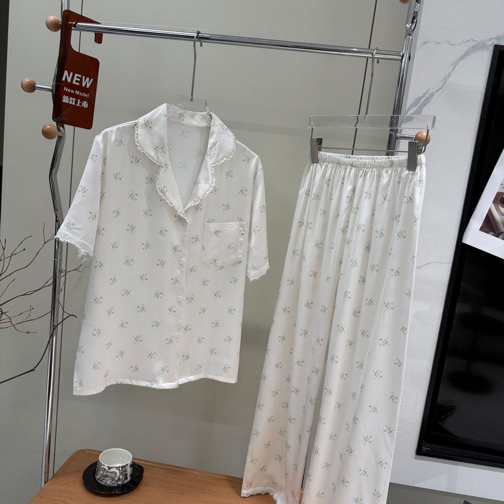 New ice silk short-sleeved pajamas women's summer floral lapel short-sleeved trousers set loungewear cardigan thin cute