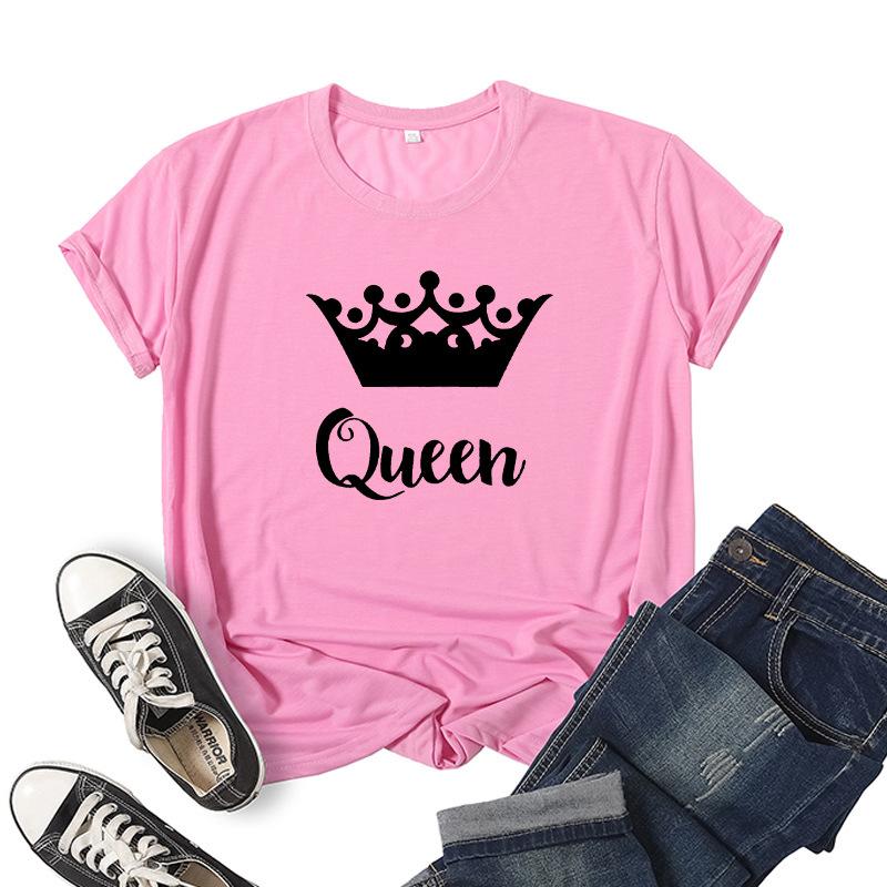 Футболка для пар с принтом King Queen Crown, женская свободная футболка с короткими рукавами и круглым вырезом, модная футболка для влюбленных, топы, одежда