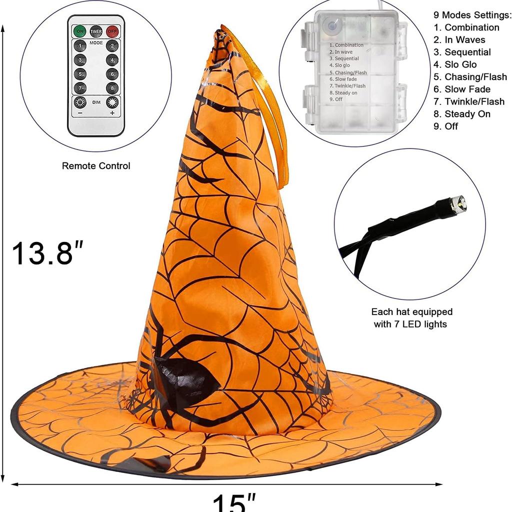 8 Pcs Hanging Witch Hat String Lights, Light Up Waterproof Halloween Decorations with Remote Control for Outdoor Garden Party Carnival Supplies Decor