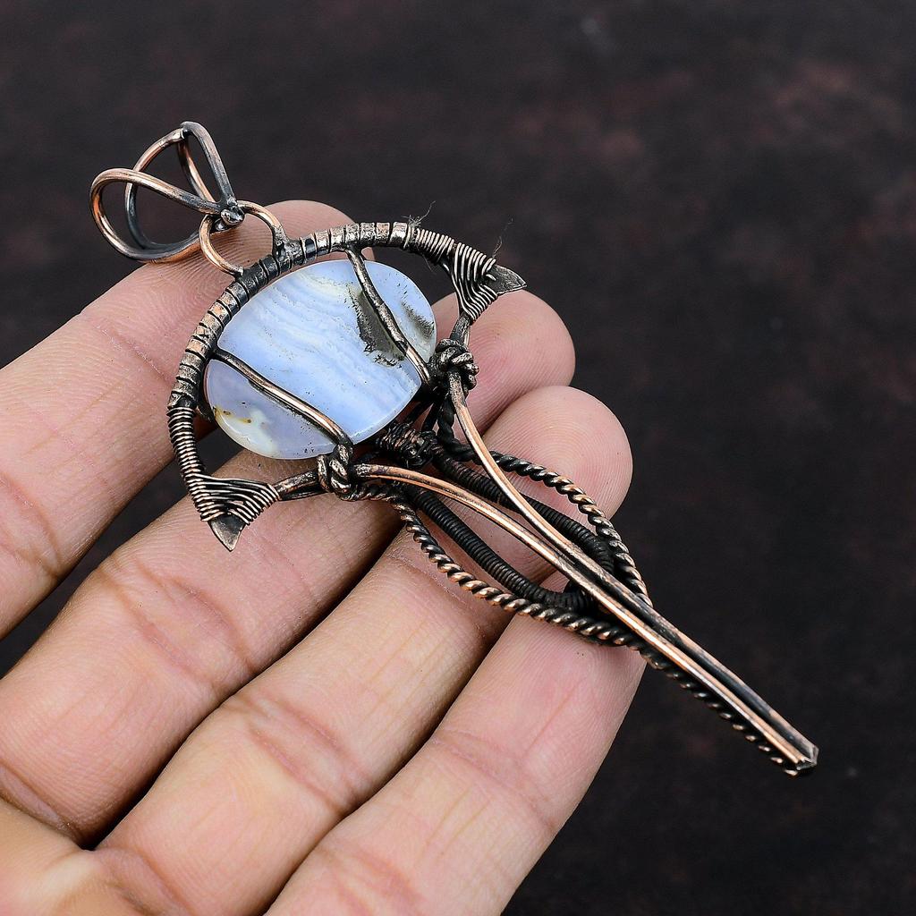 Голубой кружевной агатовый кулон, медная проволочная обертка, ювелирное изделие, натуральный драгоценный камень, проволочная обертка, кулон ручной работы в стиле бохо, медный кулон для подарка