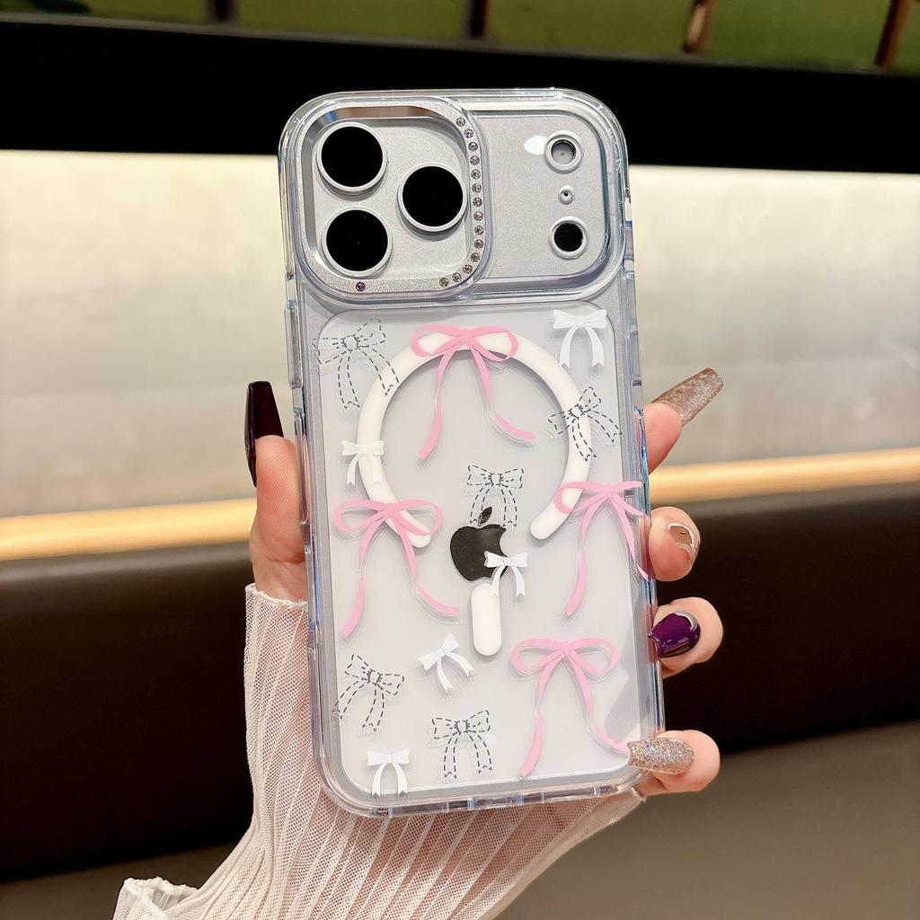 Floral Transparent Magnetic Bow Diamond Lens Case for iPhone 17 Pro Max
