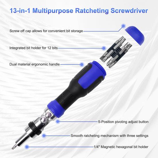 Ratchet Screwdriver with Non-Slip Handle High Strength 180-Degree Pivoting Adjustable Angle 13-in-1 Multi-functional Screwdriver