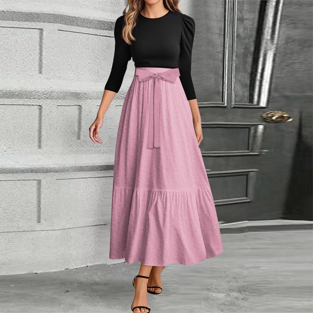 Women's Fashion Casual Belt Round Neck Solid Color Splicing Elegant Temperament Three-quarter Sleeve Dress