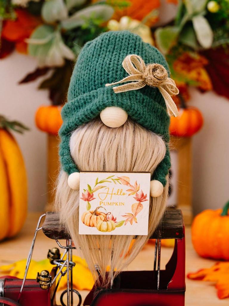 Autumn Bow Knitted Hat, Wooden Plaque, Faceless Doll, Festival Decoration Doll, 1 Piece