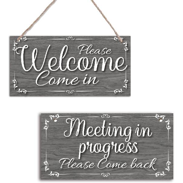 SUPERDANT Meeting Sign for Office Door Double-side Meeting in Progress Welcome Please Come In Hanging Wooden Sign Plaque Door Sign Do Not Disturb