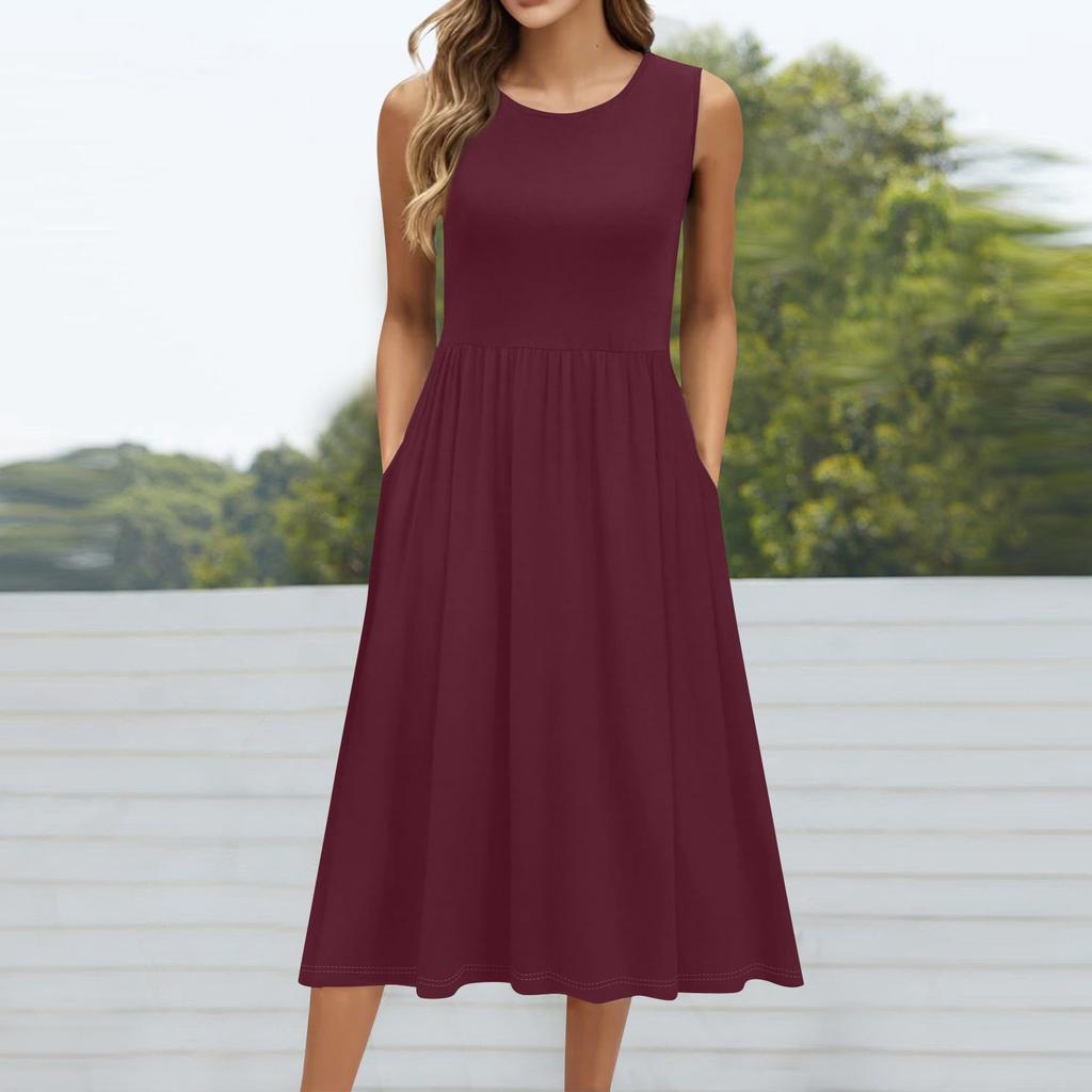 Женское модное однотонное платье без рукавов с круглым вырезом и карманом средней длины