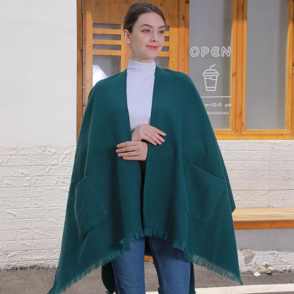 130*150cm Shawl Wraps for Women with Pockets, Elegant Cashmere Feeling Wraps, Open Front Pashmina with Tassel Scarf Blanket for Spring Fall Winter