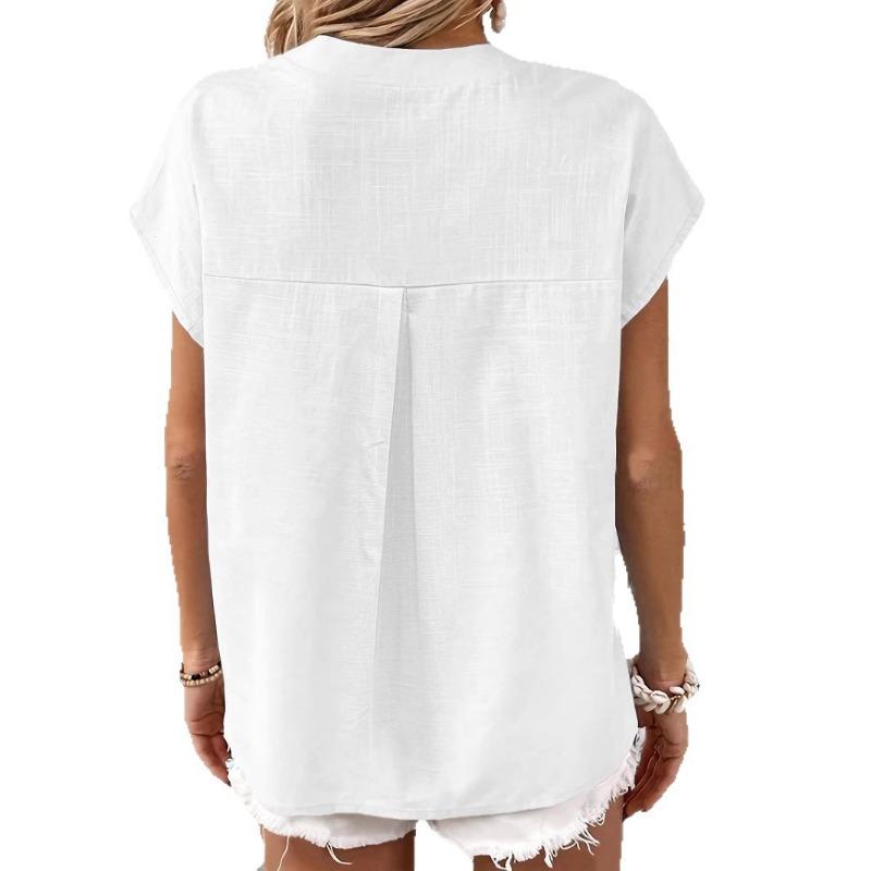 Summer Short Sleeve Loose Women Blouse New V-neck Button Retro Cotton Shirts Office Casual Simple Tops Shir… More
