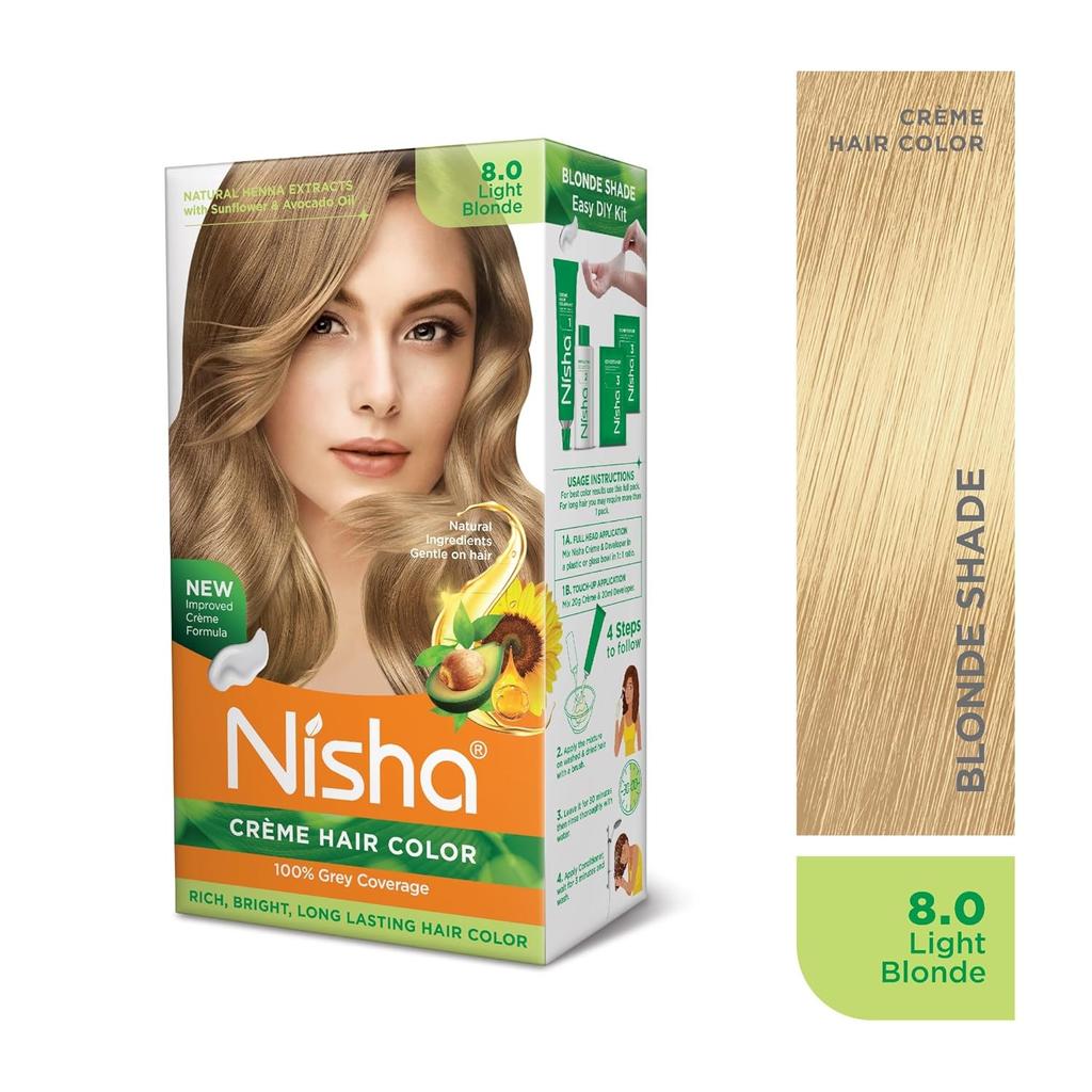 Краска для волос Nisha Creme Светло-русый 8.0 для женщин и мужчин, Стойкая краска для волос, Ультрамягкий блеск, 100% закрашивание седины, Набор 60 г + 60 мл + 18 мл
