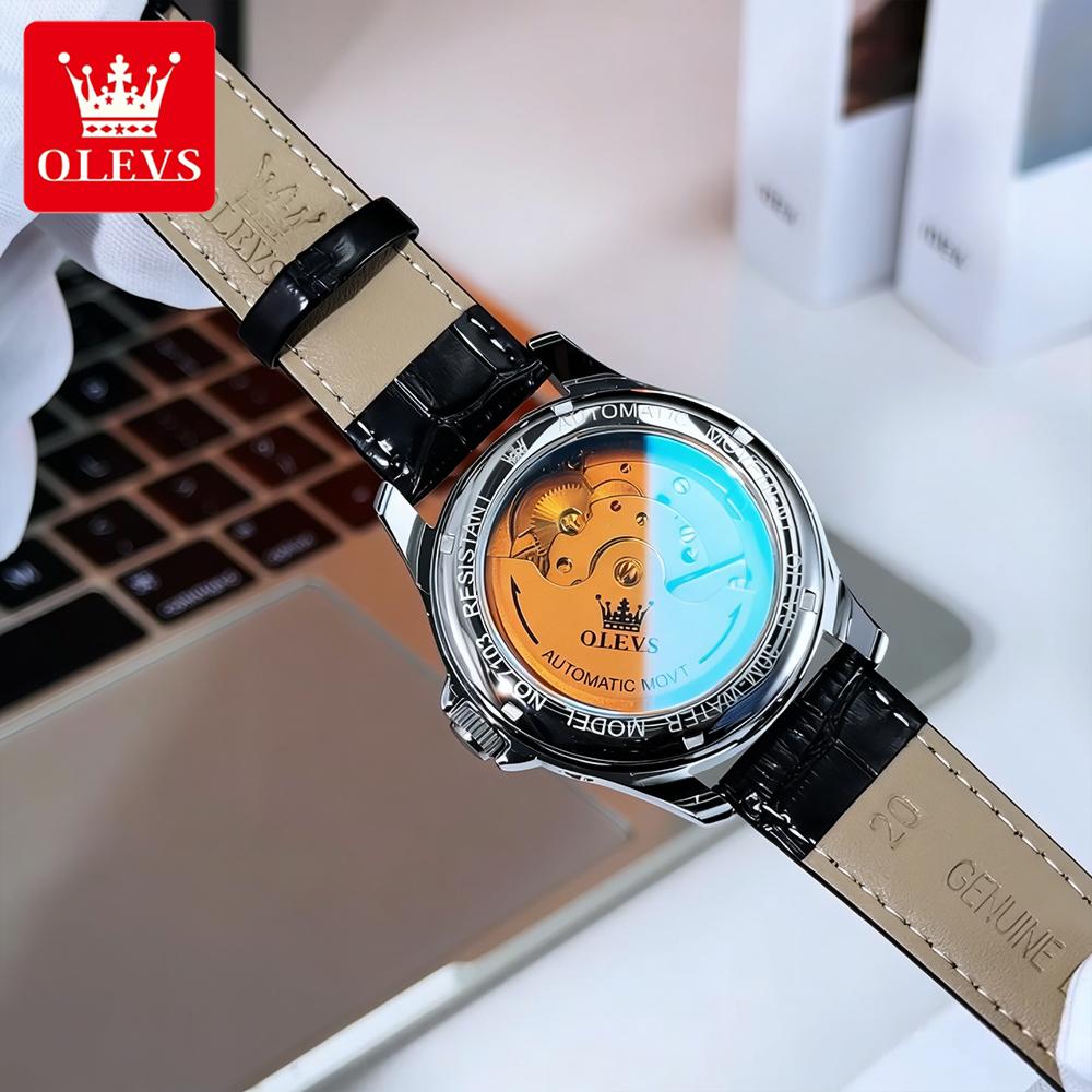 OLEVS Men's Watches Casual Fashion Leather Strap Original Automatic Mechanical Flywheel Movement Moon Phase Calendar Luminous