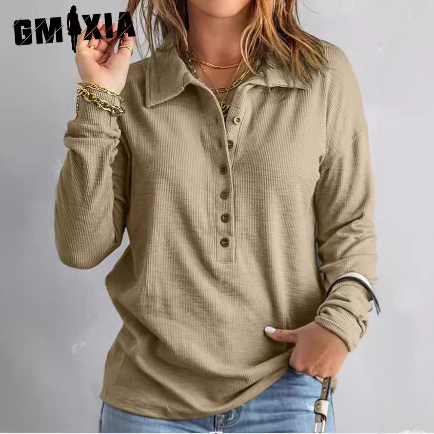 GMXIA Solid Color Sweater Women's Single Breasted Lapel Long Sleeve Loose Casual Base Top Autumn and Winter