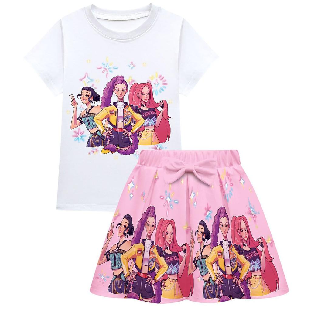 Детский Модный Удобный Косплей Охотницы на Ведьм Аниме Принт Девочки Короткий Рукав Плиссированная Юбка Мягкий Комплект