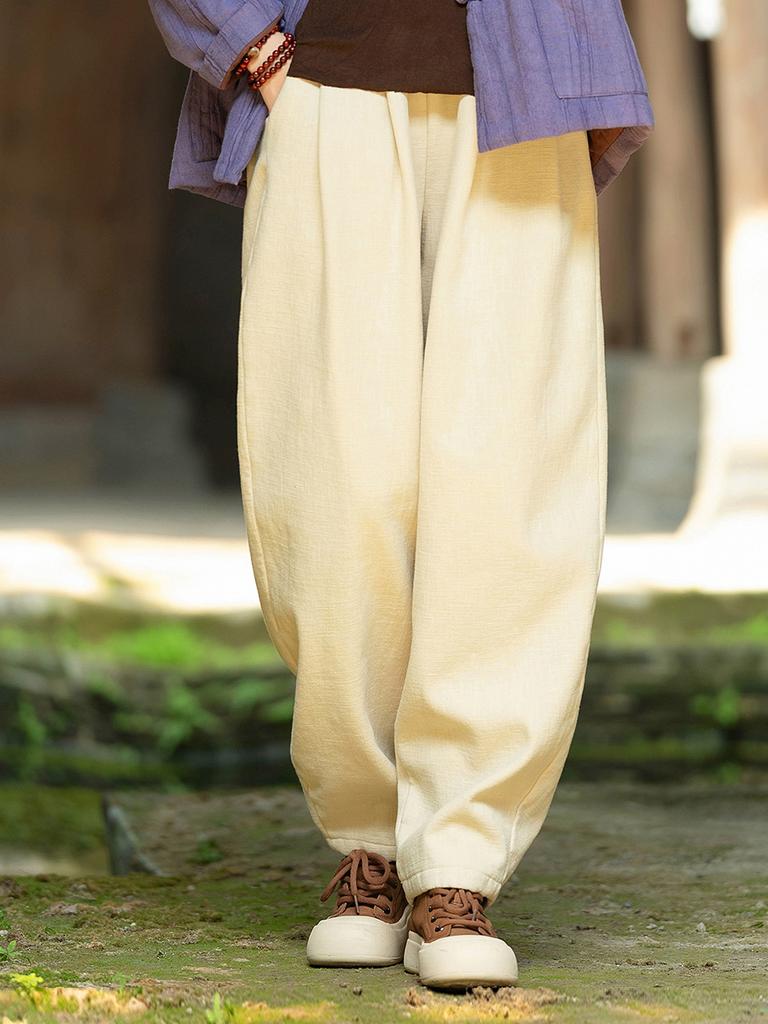 Johnature Women Winter Vintage Bloomers Pants Solid Color Elastic Waist Trousers Female Long Pants