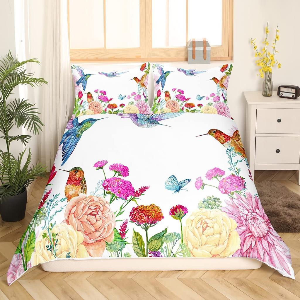 Пододеяльник с колибри и цветами, Постельный комплект с птицами, Синий, Зеленый, Весенний, Дикие животные, Ботанический, Чехол для одеяла, Полиэстер, Чехол для одеяла