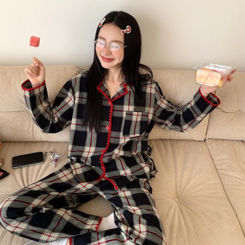 Couple Matching Pajama Set Womens Plaid Long Sleeve Loungewear Soft Cloud Cotton Homewear