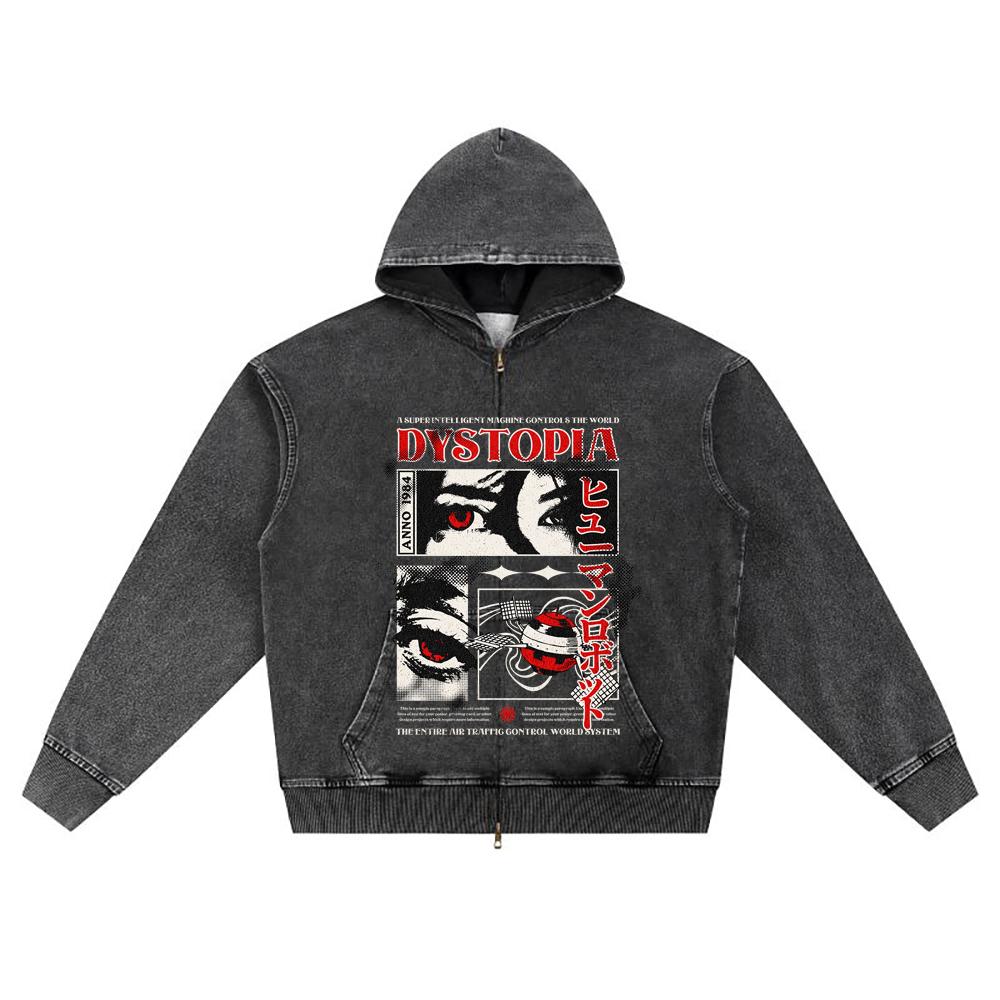 DTG print Knitted Denim Zip-Up Hoodie Dystopia Japanese Anime Brother Print Zipper Hoodies
