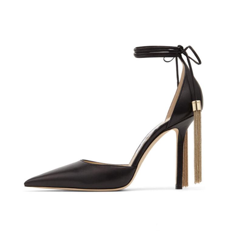 Модный бренд Показ Золотая кисточка Подвесные серьги Сандалии на щиколотке Модные черные туфли-лодочки Элегантная свадебная обувь для банкета Женская обувь 43