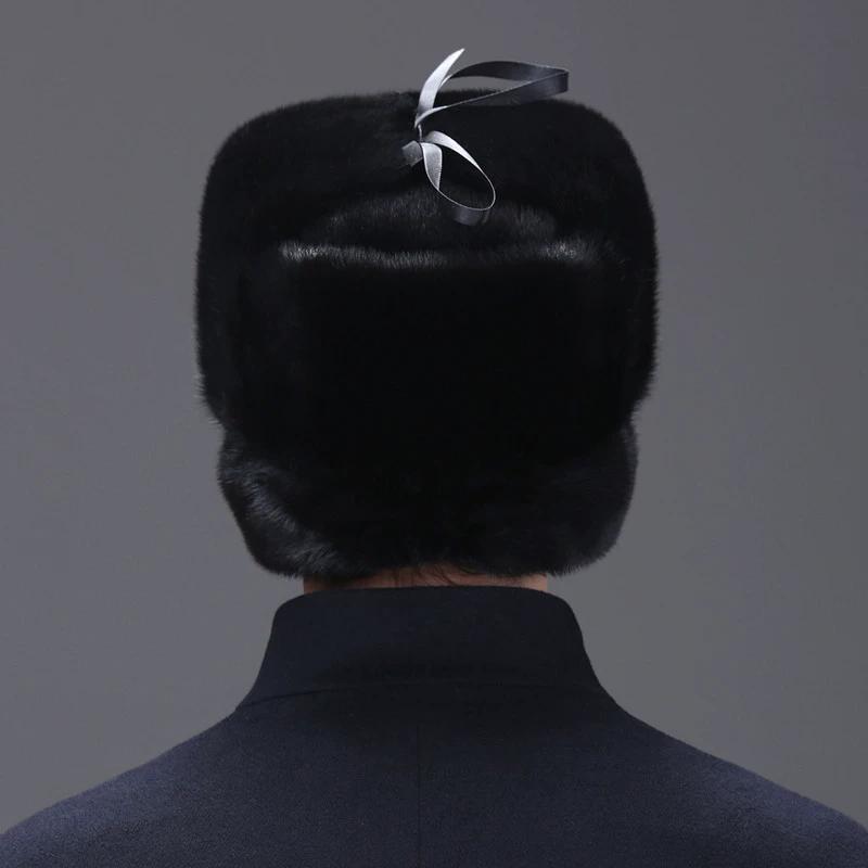 Норковая шапка мужская из цельной норки зимняя для среднего и пожилого возраста кожаная с защитой ушей норковый мех хлопковая шапка теплая зимой