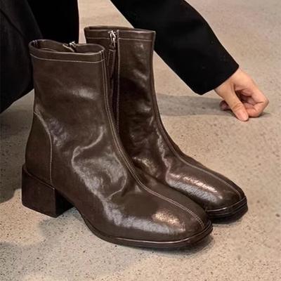 Модные женские короткие ботинки 2025 Весна Корейский стиль Квадратный носок Тонкие ботинки Короткие ботинки Толстый каблук Ботильоны Женские
