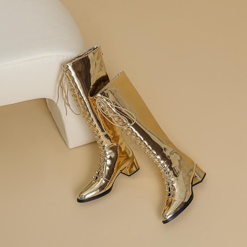 Krazing Pot Microfiber Autumn Winter Shoes Fashion Boots Round Toe Keep Warm Cross-tied Med Heels Thigh High Boots